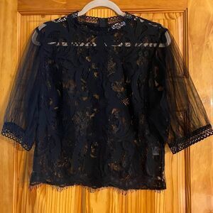 Black lace shirt with see through sleeves and full back zipper